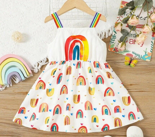 Girls Dress-Girls' Watercolour Rainbow and Hearts Print Party Dress - MARIGOLD 