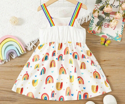 Girls Dress-Girls' Watercolour Rainbow and Hearts Print Party Dress - MARIGOLD 