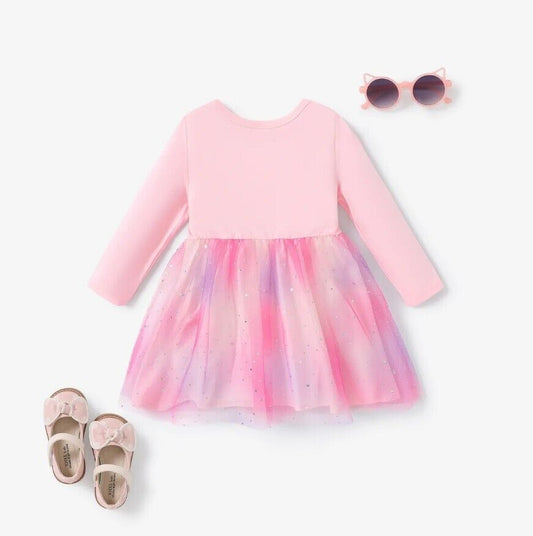 Girls Dress- Glitter Gold Star Pink Tulle Girls Dress - MARIGOLD 