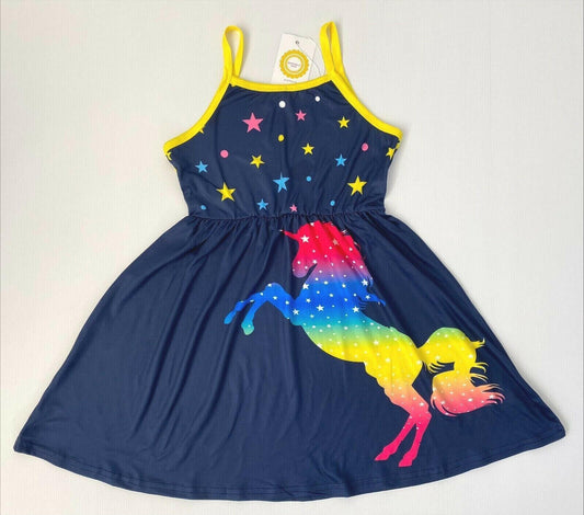 Girls Unicorn Dress Girls' Colorful Unicorn & Stars Print Dress - MARIGOLD 