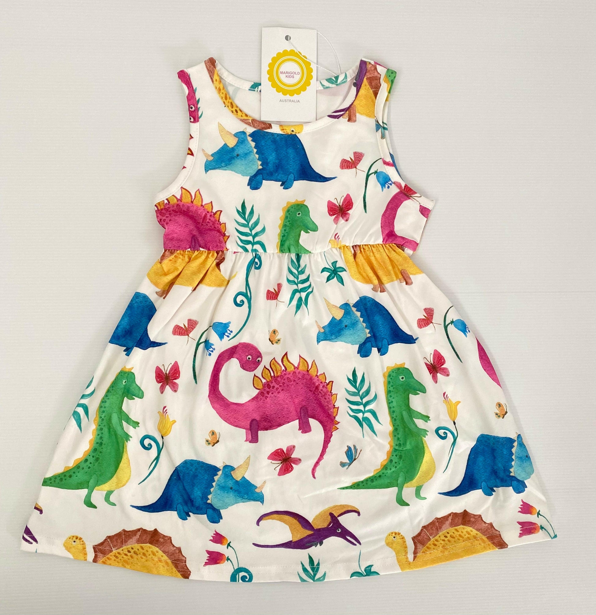 Girls Colourful Dinosaur Print Dress - MARIGOLD 