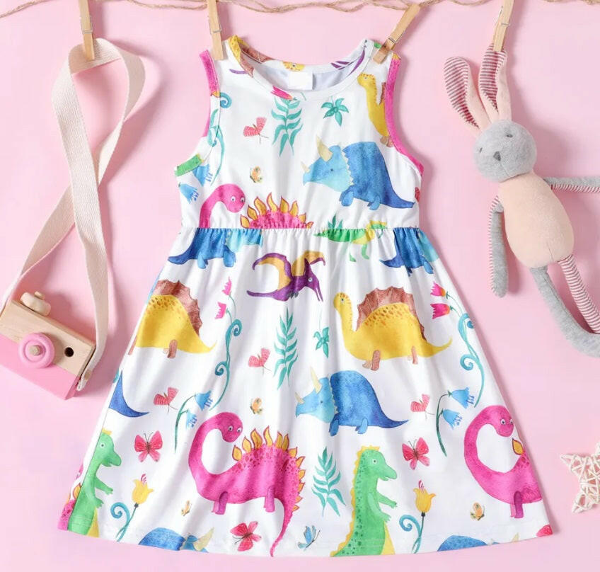Girls Colourful Dinosaur Print Dress - MARIGOLD 