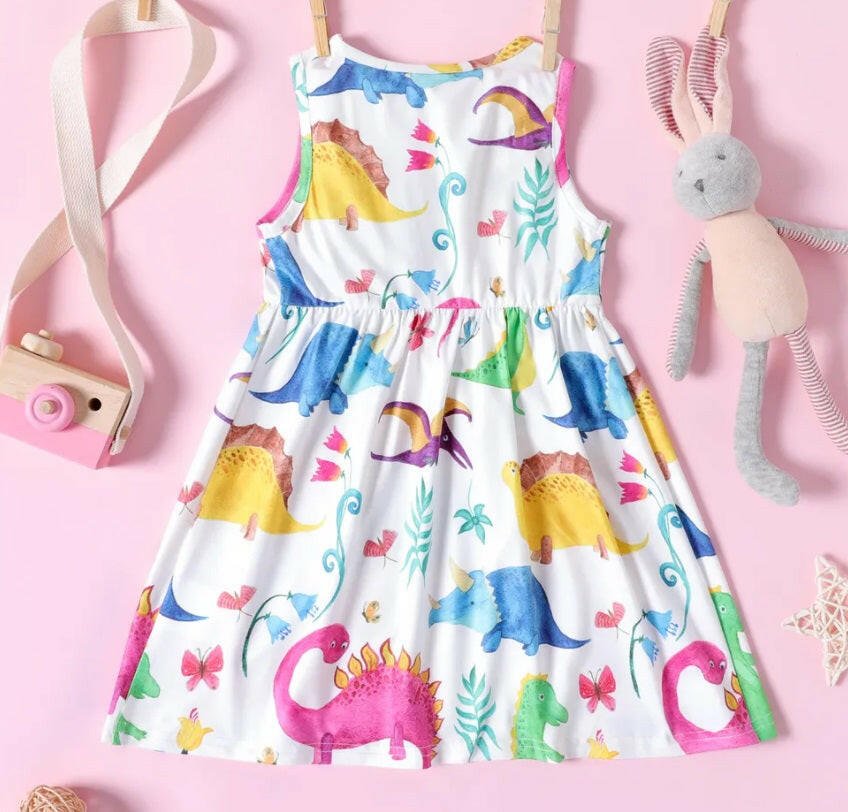 Girls Colourful Dinosaur Print Dress - MARIGOLD 