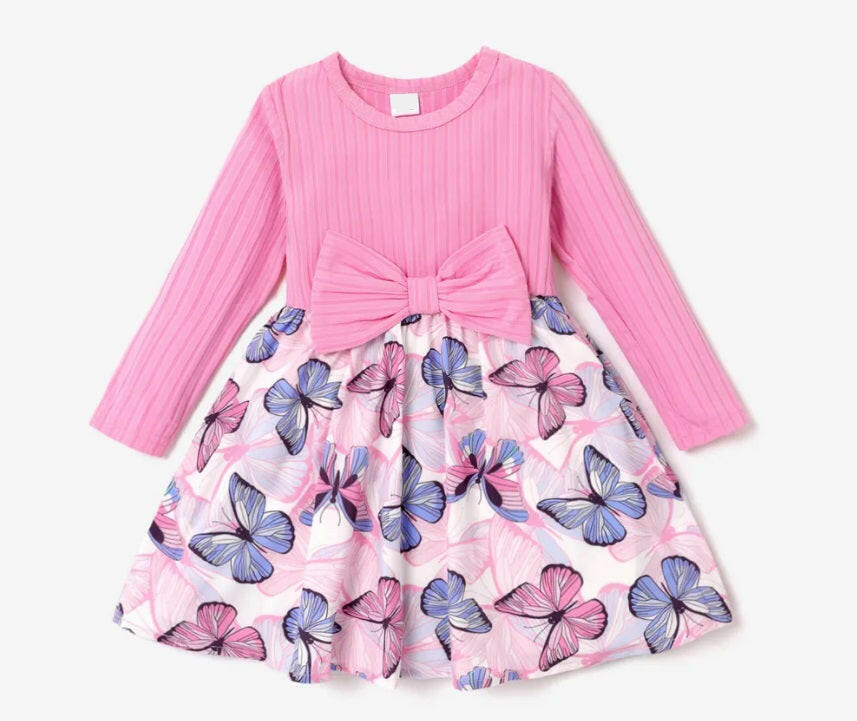 New Girls Dress: Pink Long Sleeve Butterfly Bow Dress - MARIGOLD 