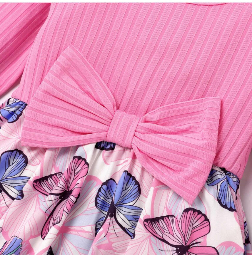 New Girls Dress: Pink Long Sleeve Butterfly Bow Dress - MARIGOLD 