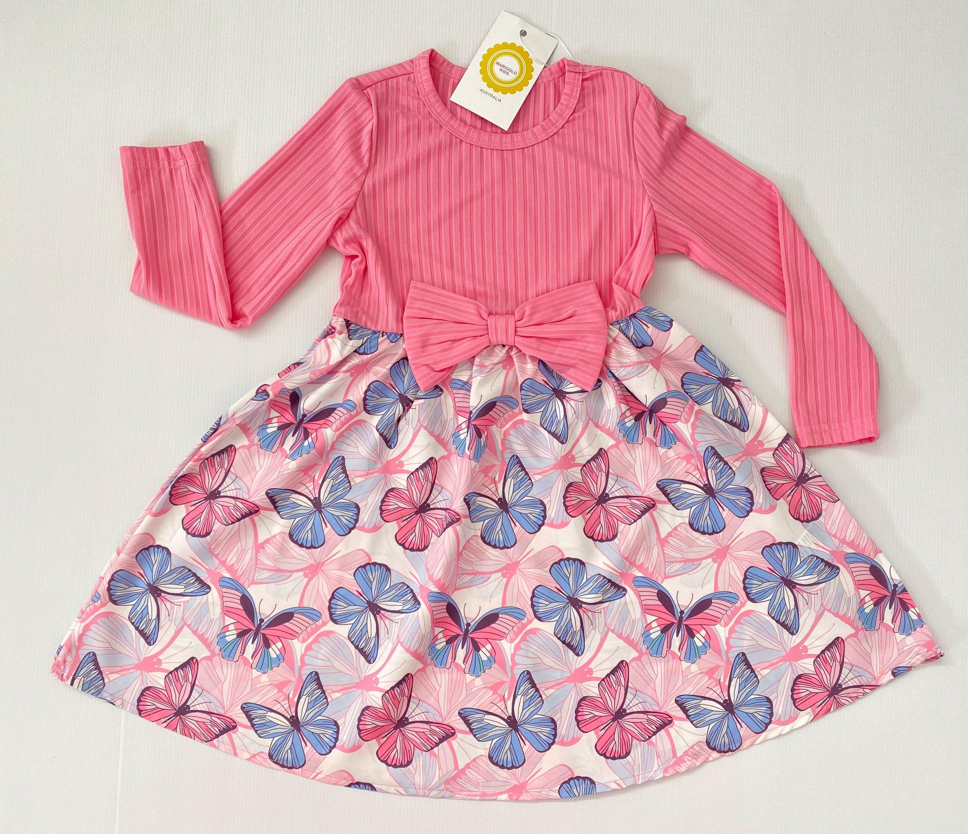 New Girls Dress: Pink Long Sleeve Butterfly Bow Dress - MARIGOLD 