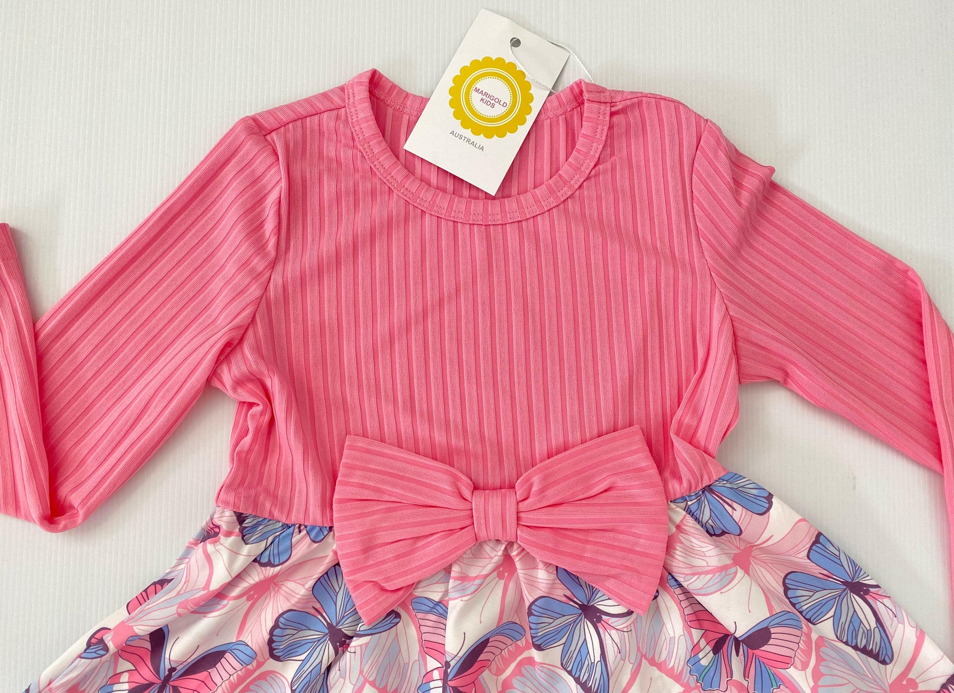 New Girls Dress: Pink Long Sleeve Butterfly Bow Dress - MARIGOLD 
