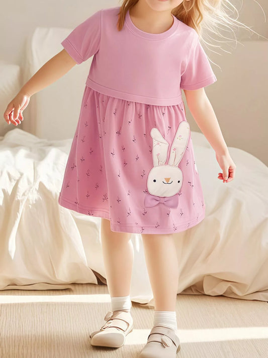 Girls Bunny Rabbit Dress - Short Sleeve Cotton Dress for Kids