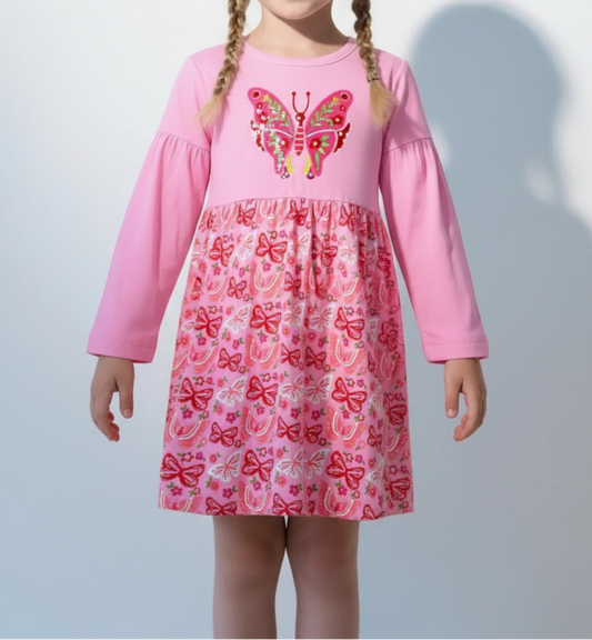 Girls Butterfly Dress Long Sleeve - Casual Kids Dress