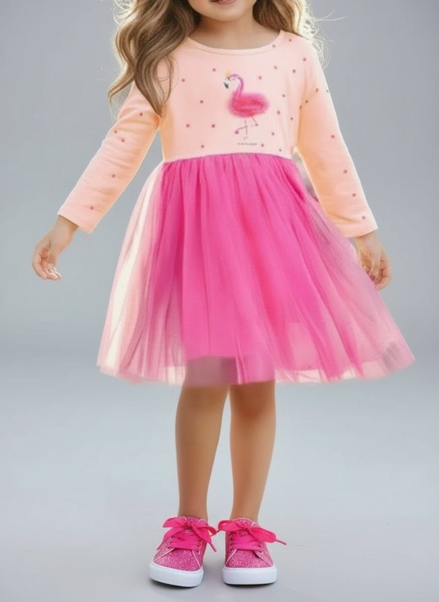 Girls Flamingo Tulle Dress by Marigold Kids, pink tulle party dress with flamingo design for girls ages 5-7.