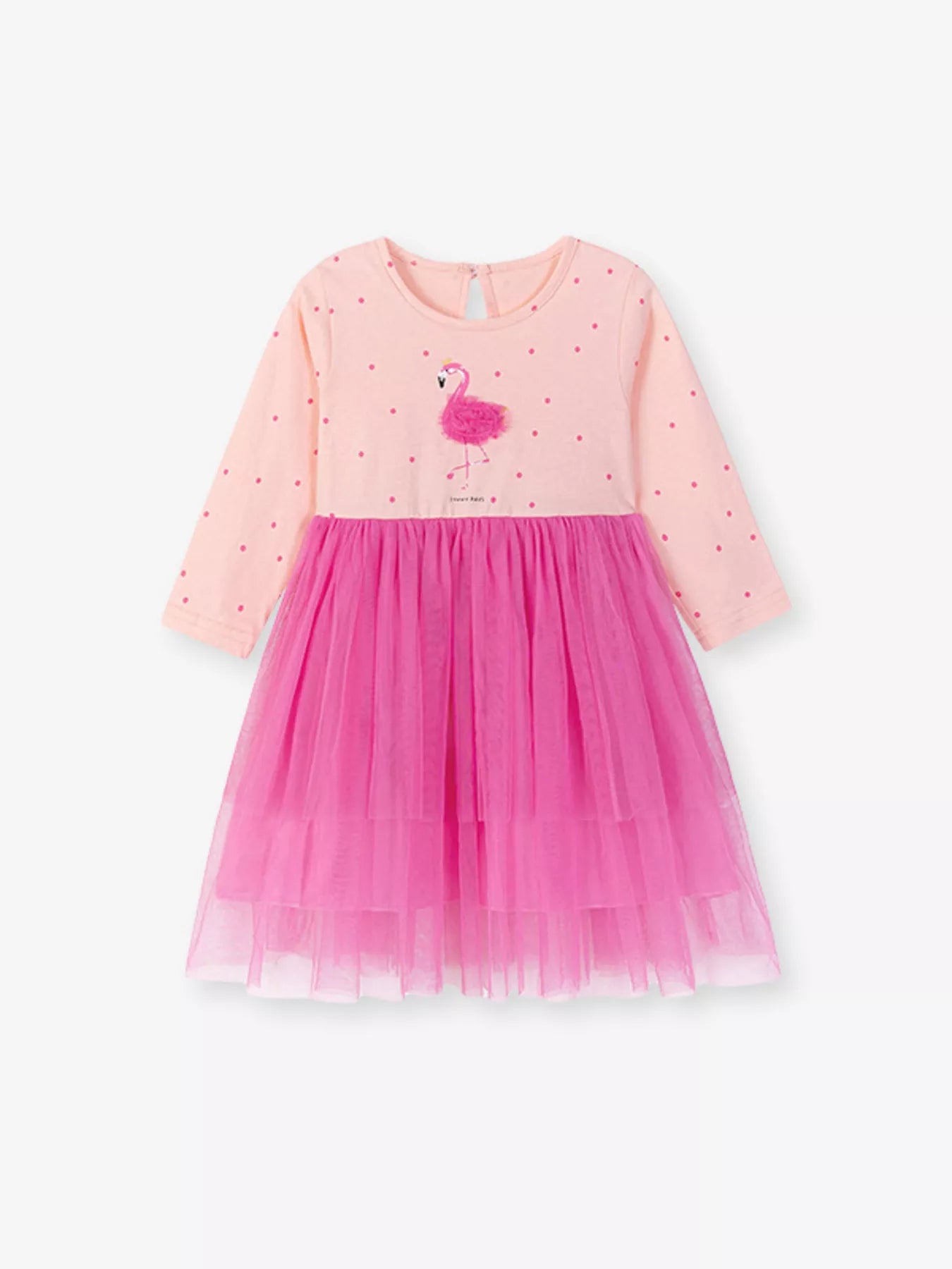 Pink flamingo tulle dress for girls by Marigold Kids, suitable for ages 5-7, featuring a playful and elegant design.
