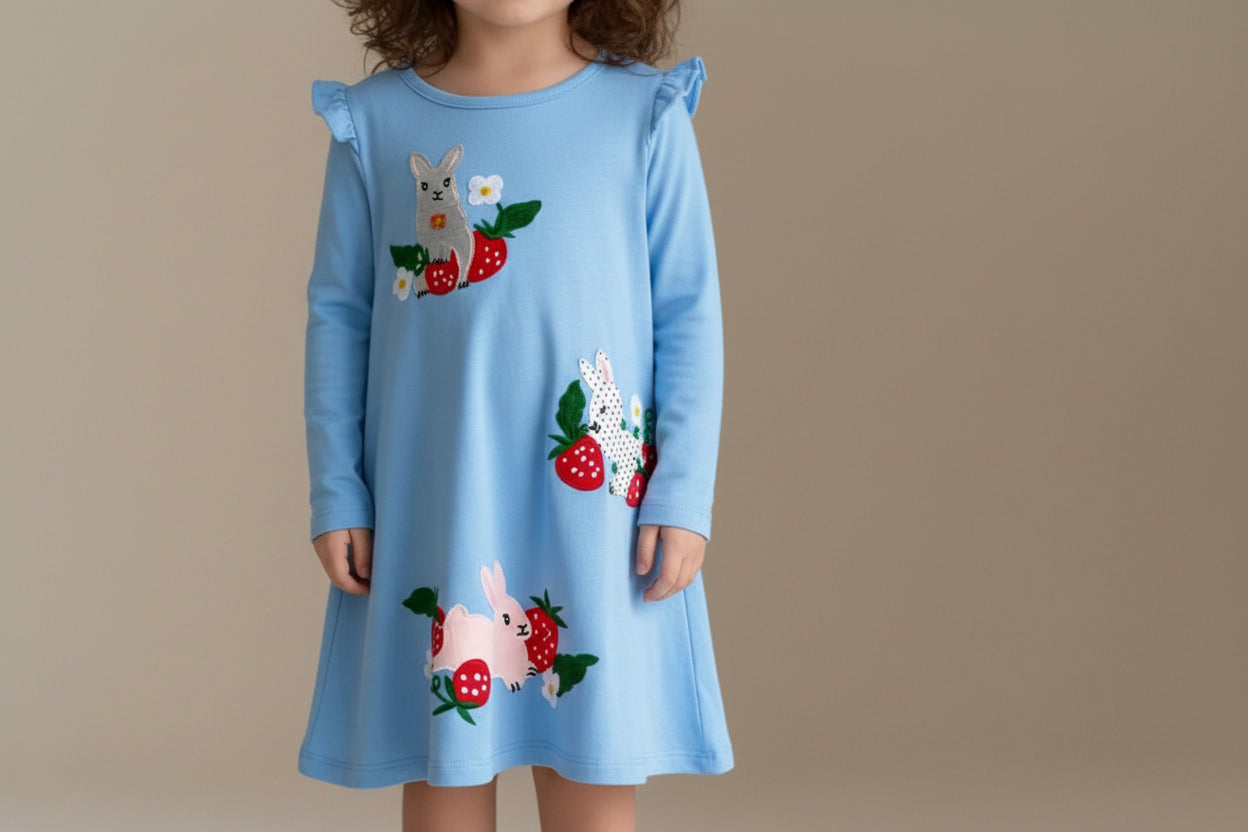 Girls Strawberry Rabbit Dress - Cute Easter Bunny Long Sleeve Dress for Kids