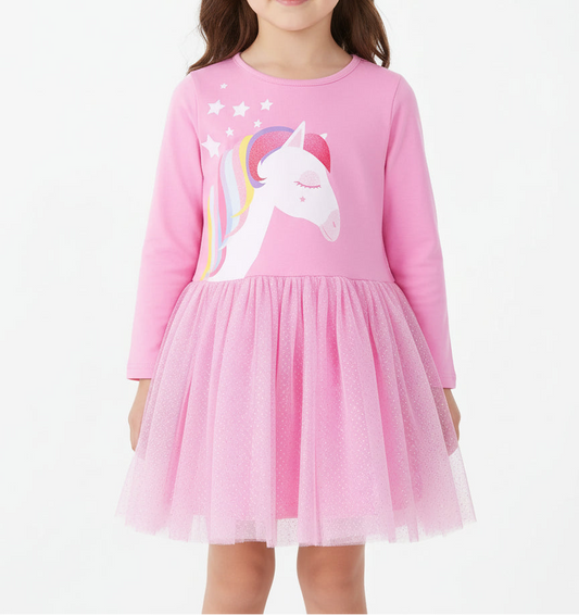 Girls Unicorn Dress - Long Sleeve Tulle Princess Dress for  Kids