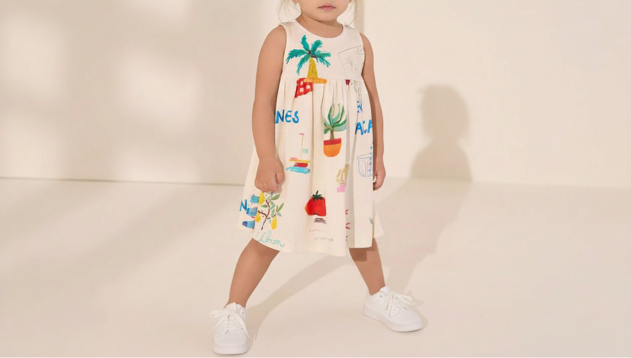 Girls Vacation Print Cotton Sleeveless Dress