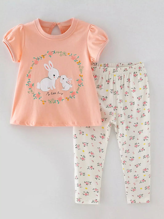 Girls Bunny Graphic Cotton Top & Floral Pants Set