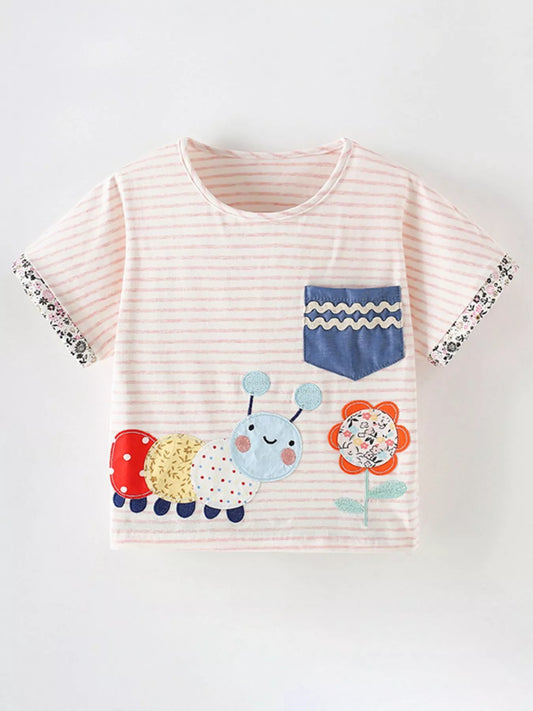 Girls Caterpillar Applique Striped Cotton T-Shirt