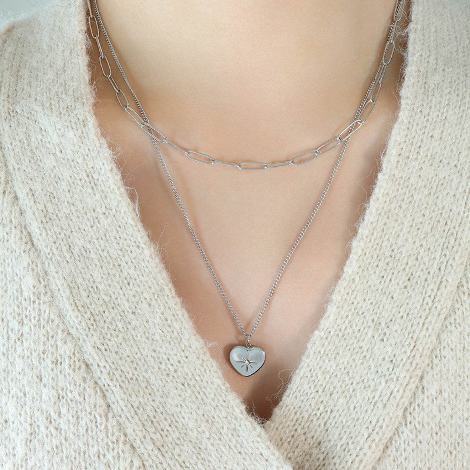 Double-Layered Heart Pendant Titanium Necklace - MARIGOLD 