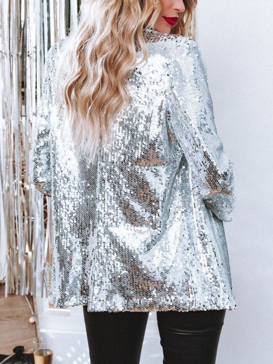 Sparkling Sequin Lapel Long Sleeve Blazer - MARIGOLD 