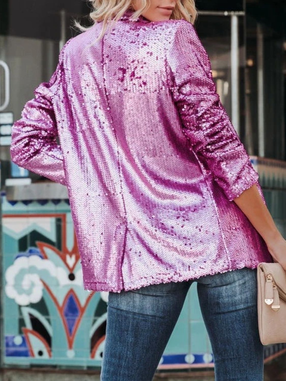 Sparkling Sequin Lapel Long Sleeve Blazer - MARIGOLD 
