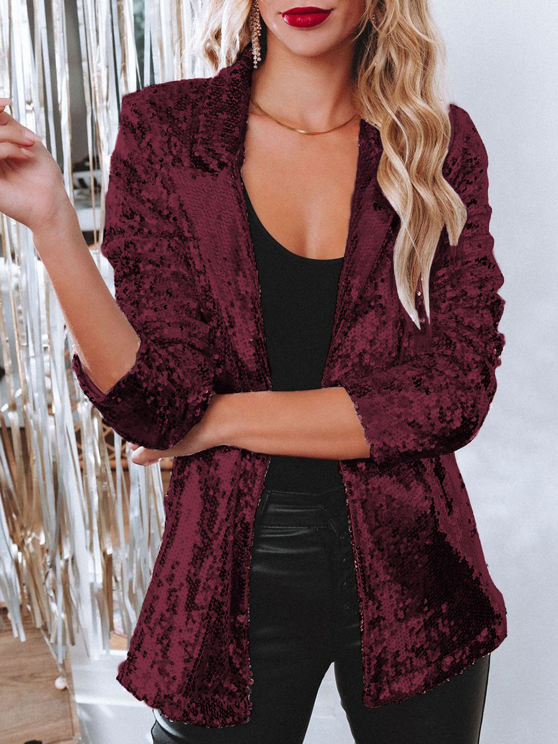 Sparkling Sequin Lapel Long Sleeve Blazer - MARIGOLD 