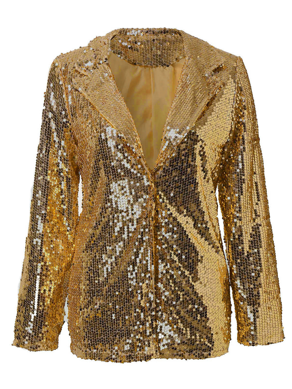 Sparkling Sequin Lapel Long Sleeve Blazer - MARIGOLD 