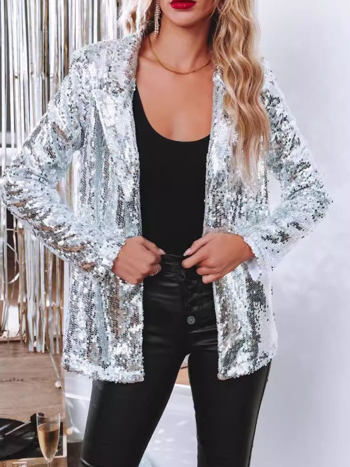Sparkling Sequin Lapel Long Sleeve Blazer - MARIGOLD 