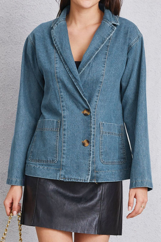 Pocketed button-up denim blazer jacket - MARIGOLD 