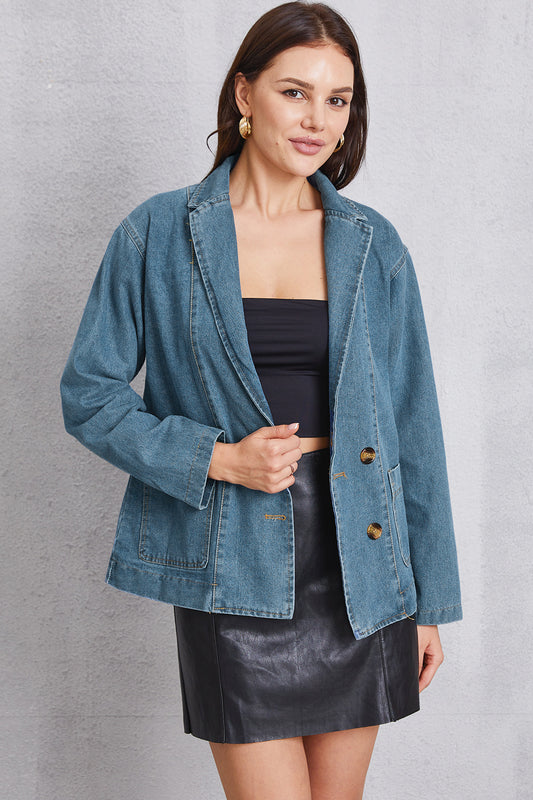 Pocketed button-up denim blazer jacket - MARIGOLD 