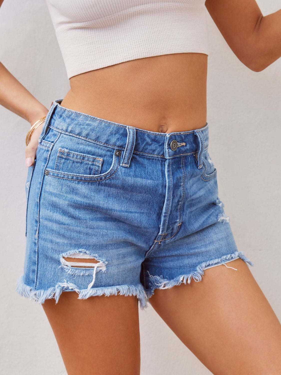 Distressed Raw Hem Denim Shorts - MARIGOLD 
