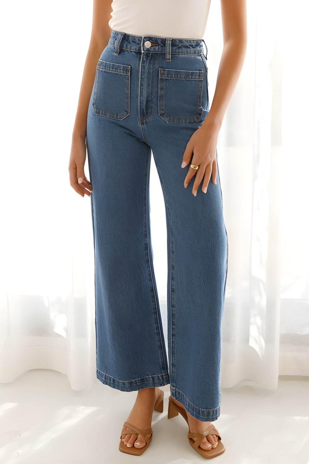 High Waist Bootcut Jeans with Pockets - MARIGOLD 