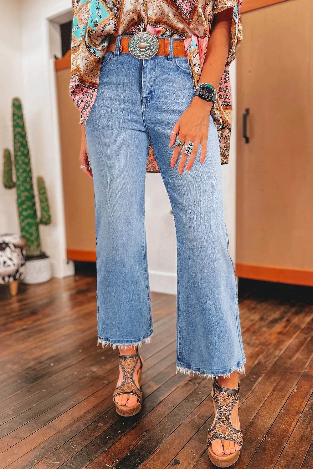 Mineral Wash Raw Hem High Waist Flared Jeans - MARIGOLD 