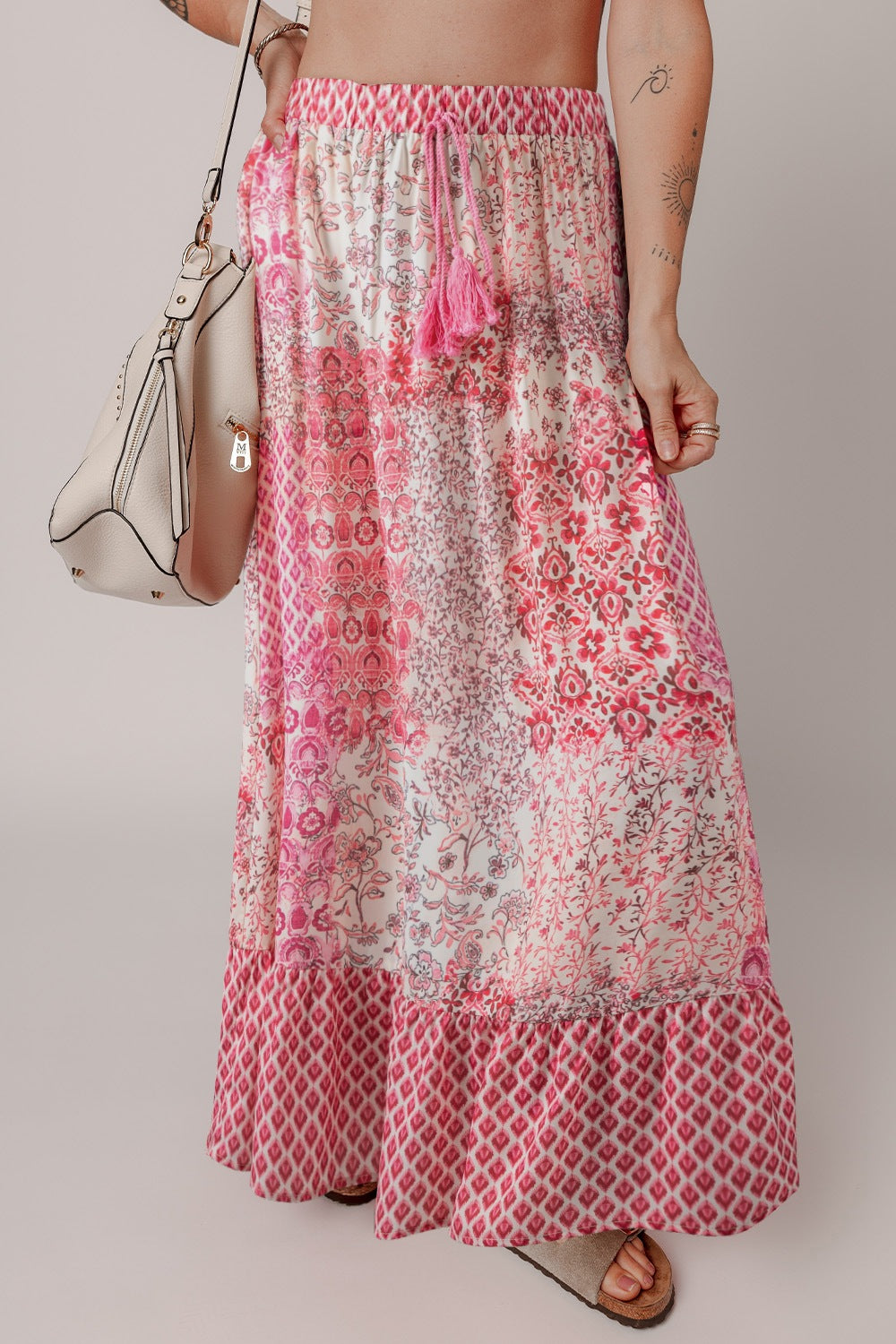 Bohemian Pink Printed Tassel Drawstring Maxi Skirt - MARIGOLD 