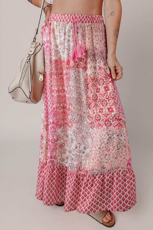 Bohemian Pink Printed Tassel Drawstring Maxi Skirt - MARIGOLD 