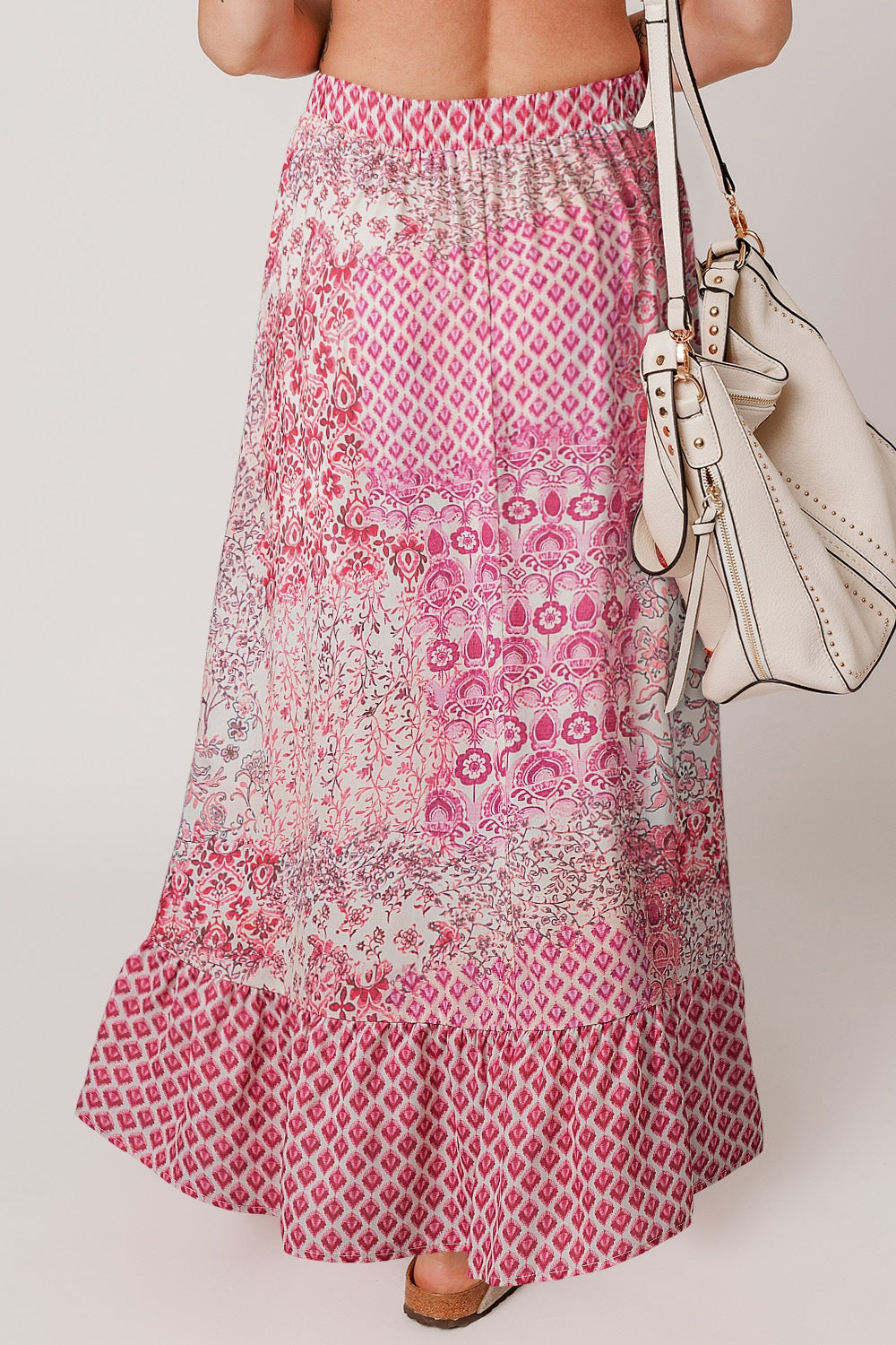Bohemian Pink Printed Tassel Drawstring Maxi Skirt - MARIGOLD 