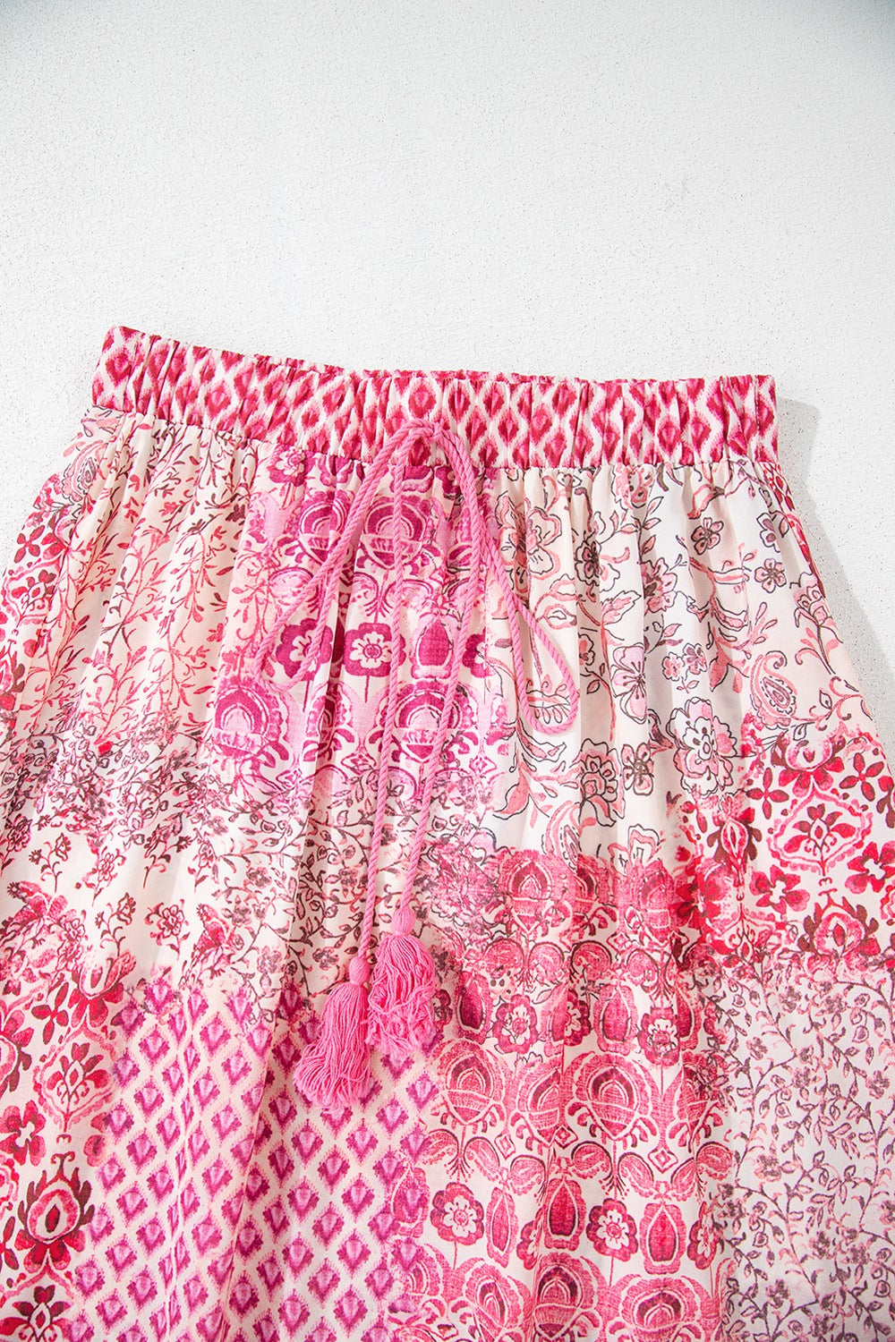 Bohemian Pink Printed Tassel Drawstring Maxi Skirt - MARIGOLD 