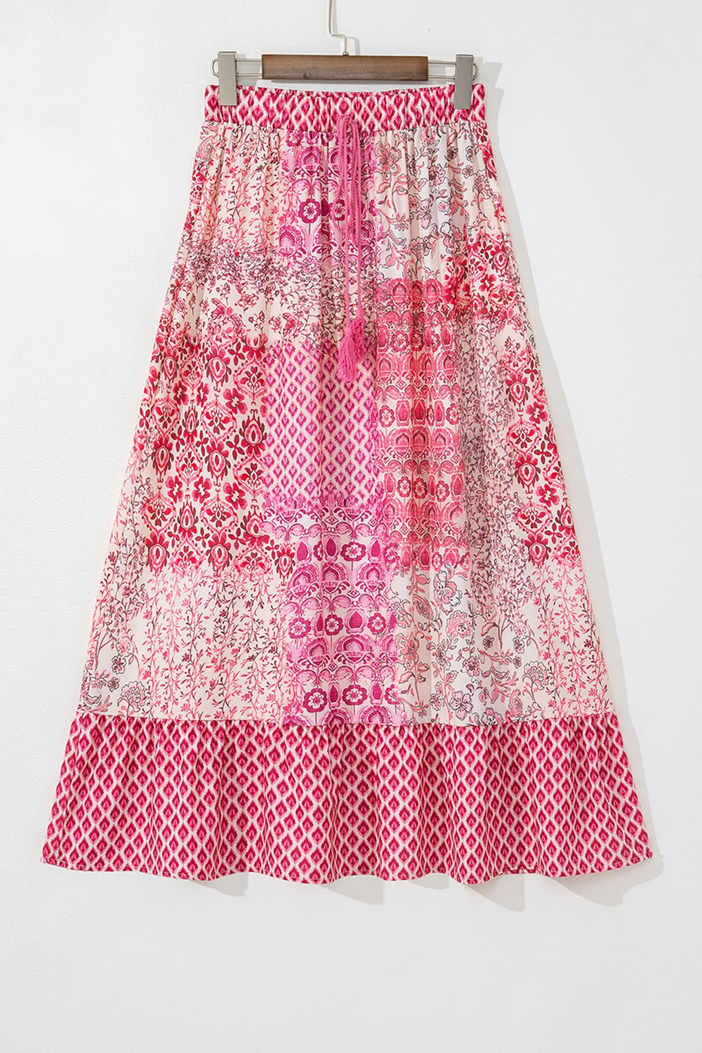 Bohemian Pink Printed Tassel Drawstring Maxi Skirt - MARIGOLD 