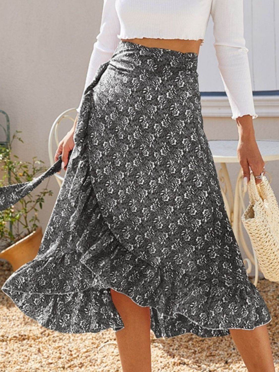 Floral Ruffled Wrap Tie Midi Skirt with Side Tie - MARIGOLD 