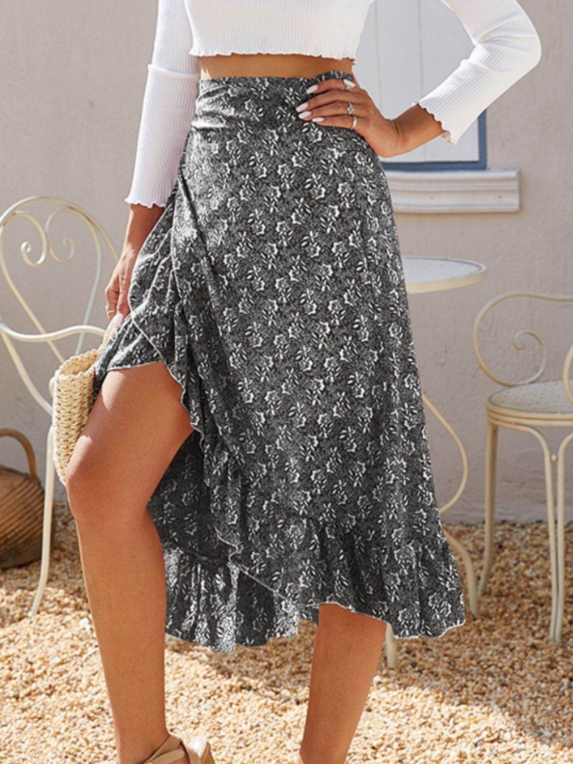 Floral Ruffled Wrap Tie Midi Skirt with Side Tie - MARIGOLD 