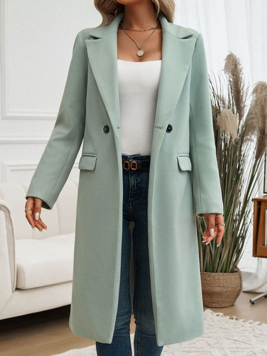 Pocketed Collared Neck Long Sleeve Coat - MARIGOLD 