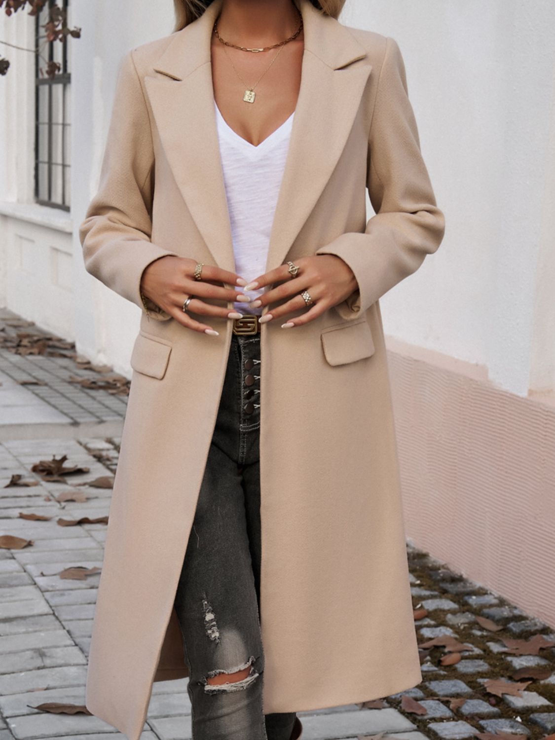 Pocketed Collared Neck Long Sleeve Coat - MARIGOLD 