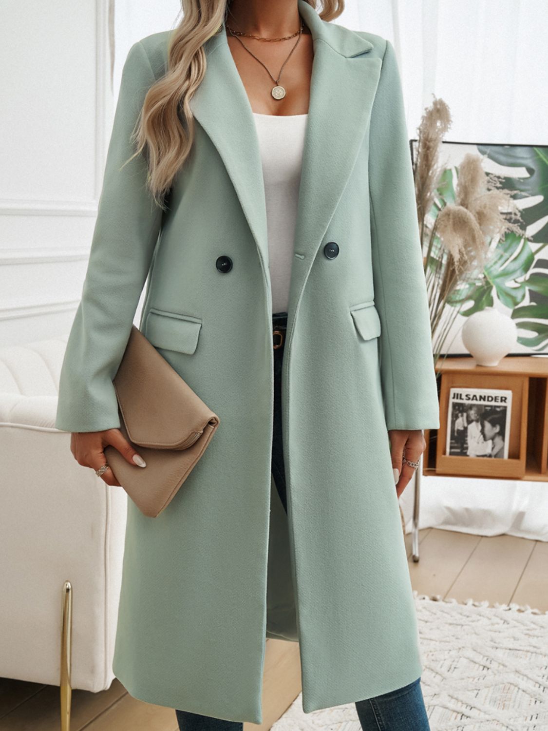 Pocketed Collared Neck Long Sleeve Coat - MARIGOLD 