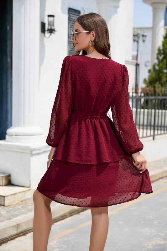 Surplice Neck Swiss Dot Tie Belt Layered Dress - MARIGOLD 