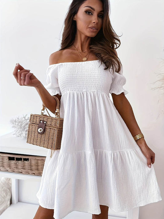 Full Size Ruffled Off-Shoulder Short Sleeve Dress - MARIGOLD 