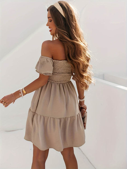 Full Size Ruffled Off-Shoulder Short Sleeve Dress - MARIGOLD 