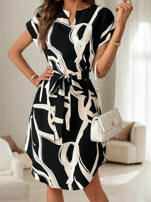 Curved Hem Notch Neckline Waist Tie Dress - MARIGOLD 