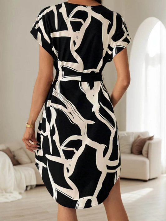 Curved Hem Notch Neckline Waist Tie Dress - MARIGOLD 