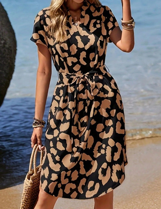 Leopard Notched Tie Waist Midi Dress brown