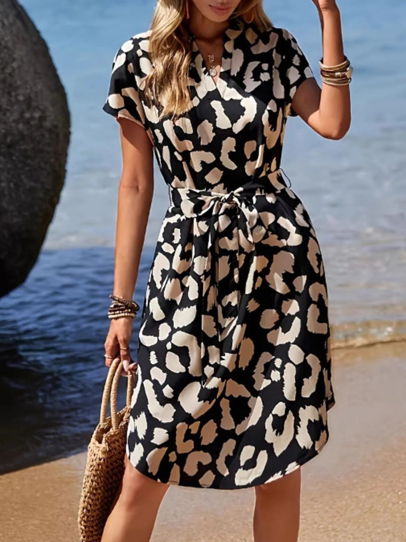 Leopard Notched Tie Waist Midi Dress black