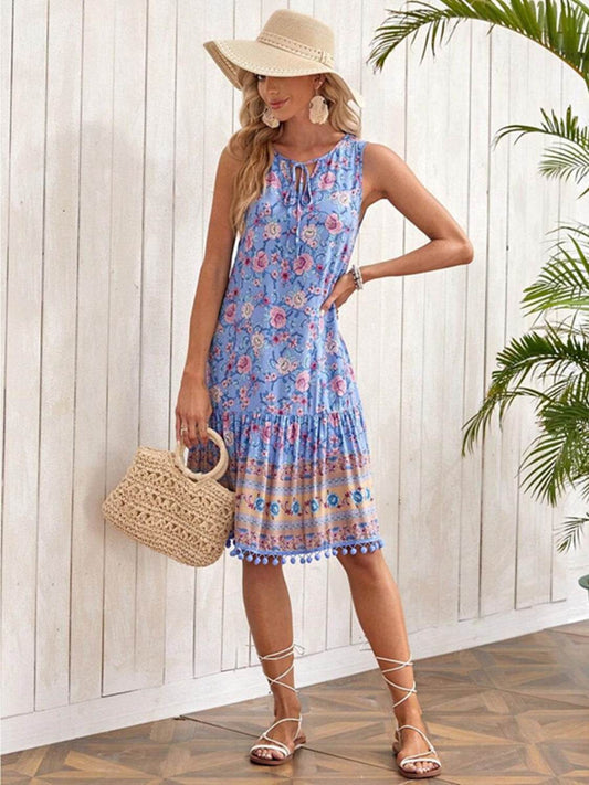 Floral Print Blue Sleeveless Dress with Tie Neck & Pom-Pom Hem - MARIGOLD 