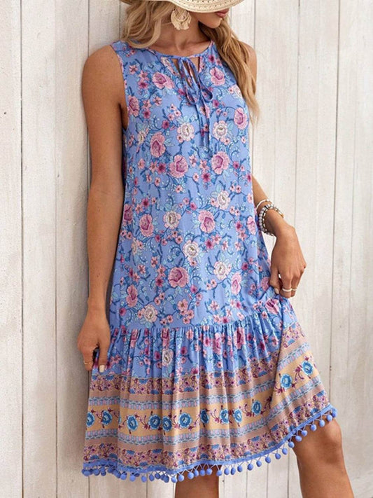 Floral Print Blue Sleeveless Dress with Tie Neck & Pom-Pom Hem - MARIGOLD 